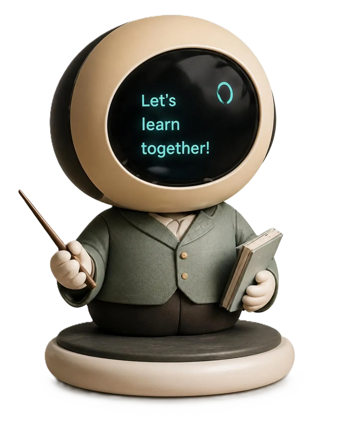 Tichi, the SK Prime companion robot — a cream-colored figure with a teal screen face reading 'Let's learn together', wearing a tutor's blazer and holding a book and pointer.