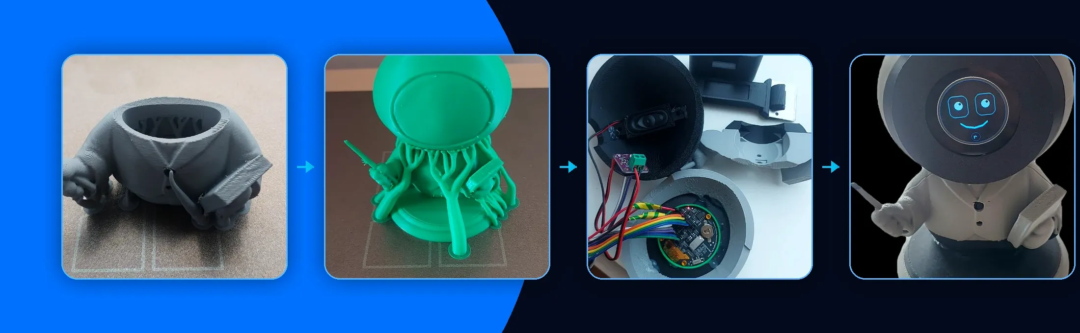 Four-stage Tichi prototype process showing a printed body shell, a green print iteration, internal electronics fitting, and an active face-display prototype.